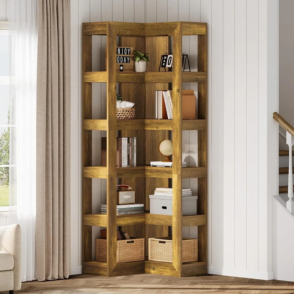 Estantería esquinera grande de 6 niveles, estantería alta de madera en forma de L con almacenamiento para sala de estar y dormitorio