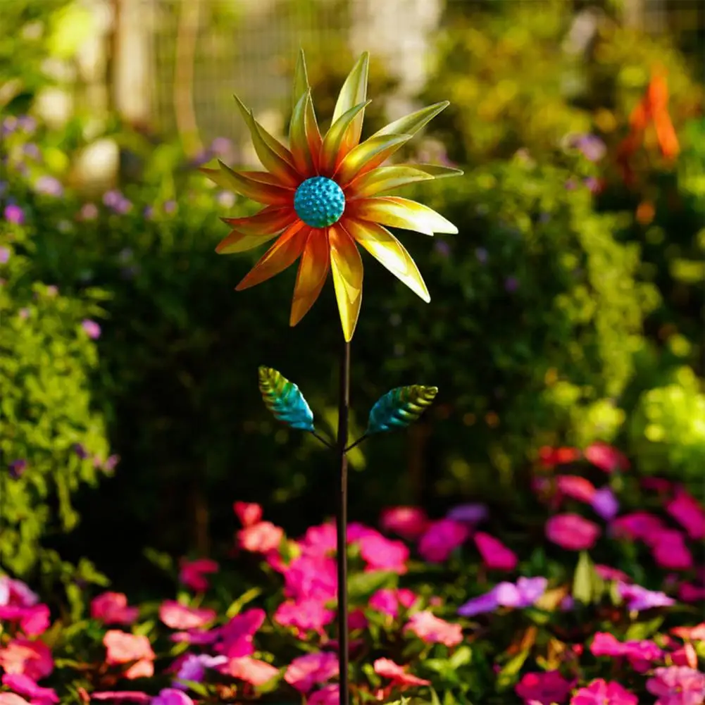 Yard Windmill Decoration with Silent Bearings Metal Garden Wind Spinner with Golden Petals Reinforced Spike Base Outdoor Kinetic