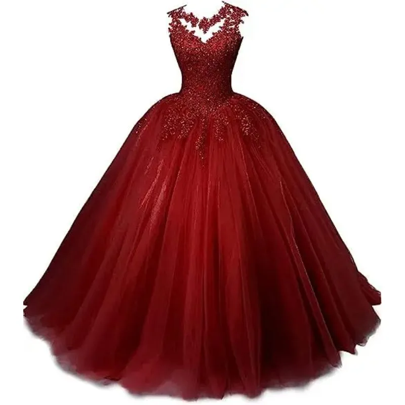 فساتين حفلة برقبة شفافة من الدانتيل العتيق لحفلات أعياد ميلاد الأميرة الرسمية