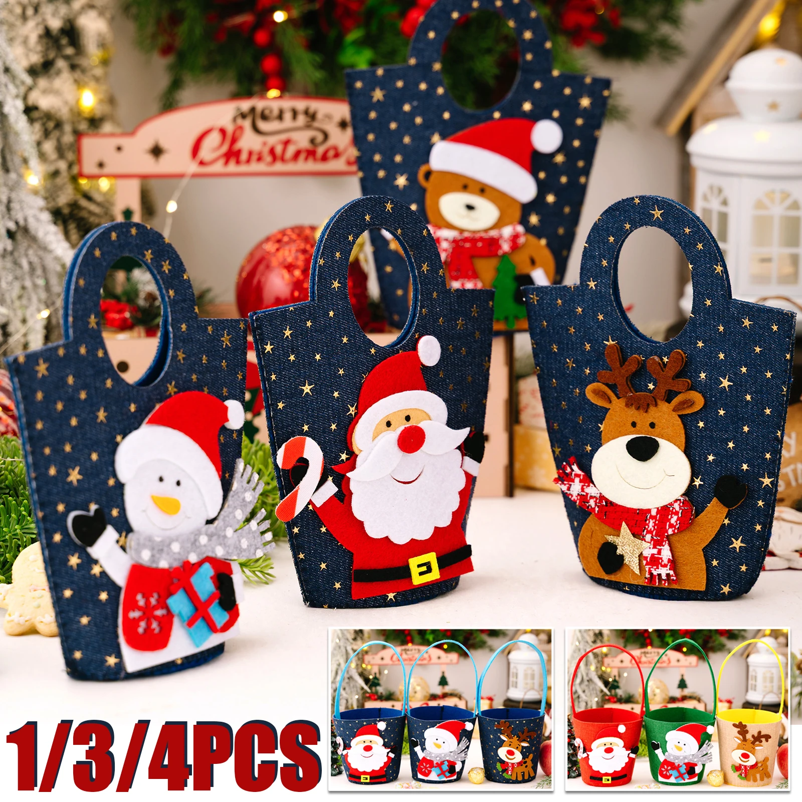 

Christmas Cartoon Gift Bucket Children's Portable Candy Bag Santa Claus Snowman Elk Cloth Handbag for Christmas Party Supplies