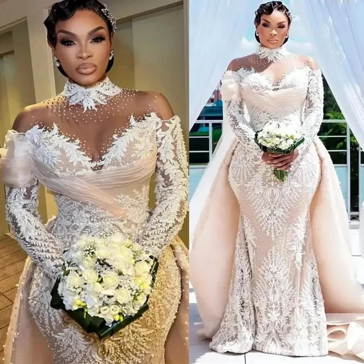 

Customized Mermaid Wedding Dresses Beaded Lace Appliques Long Sleeves Arabic Aso Ebi Bridal Gowns Detachable Train Illusion High