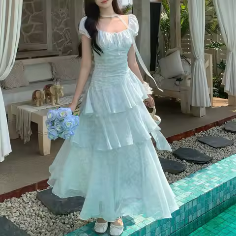 Elegant Vintage Tierred Floral Summer Women Dress 2026 Female Patchwork Long Fairy Dress Female Casual Evening Party Dress