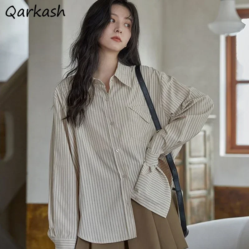 

Осенние рубашки женские свободные повседневные полосатые топы с карманами во французском стиле универсальные нежные майки офисные женские классические популярные