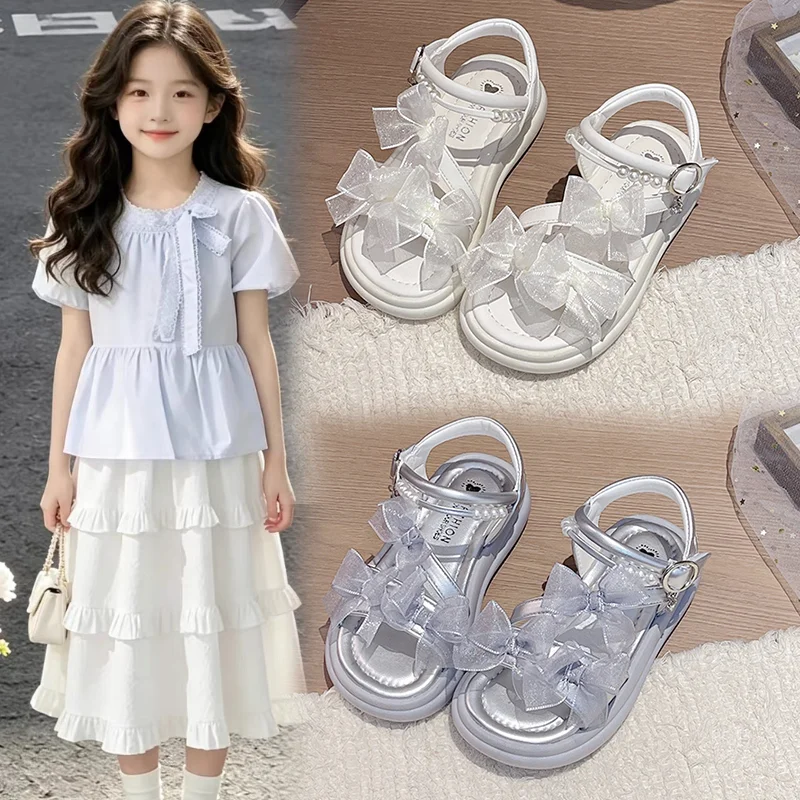 

Girls Summer Princess Sandals with Bow Soft Sole Non Slip Beach Shoes Fashionable Breathable Children Footwear for Kids Shoes
