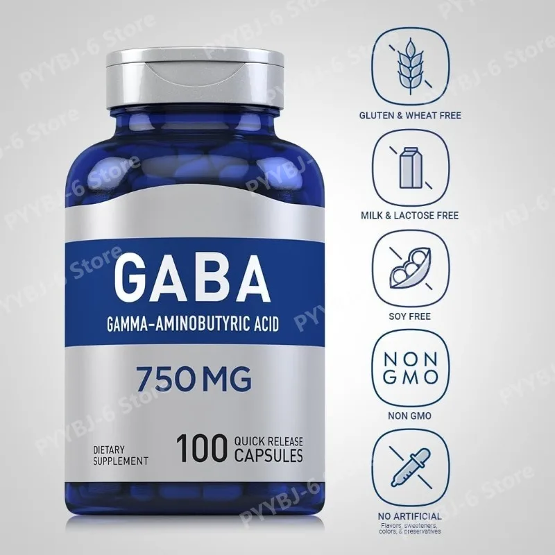 GABA 750mg Gamma-Aminobutyric Acid 100 Quick Release Capsules Non-GMO & Gluten Free Dietary Supplement for adult