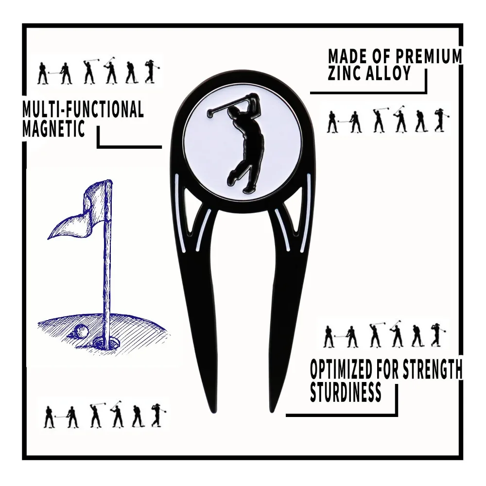 Rillenreiniger, Zinklegierung, Golf, grüne Gabel, magnetisch, multifunktional, Pitchgabel, tragbar, 4-in-1-Golfball-Marker, Markierung von Standort