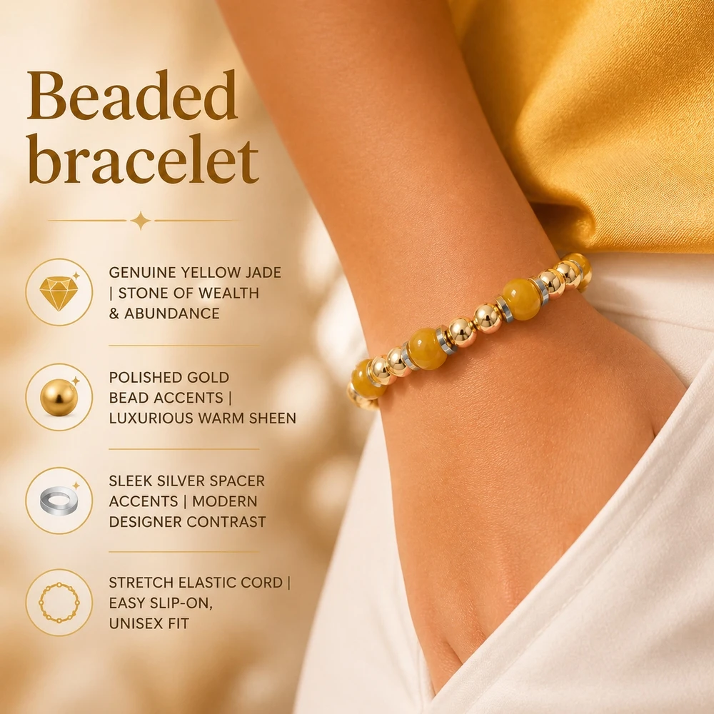 1pc Women's Trendy Beaded Strand Bracelet Yellow Resin Barrel Beads Gold Tone Copper Alloy Ball Beads Silver Tone Spacers