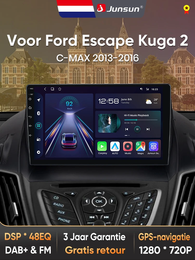 Junsun do Ford Escape Kuga 2 C-MAX 2013-2016 9 Cali 4GB 64GB Android 13 Car Stereo GPS Nawigacja Carplay Radio Samochodowe DSP FM Obsługa Sterowania Kierownicą Wejście USB AUX Gotowy do Kamery Cofania — 2