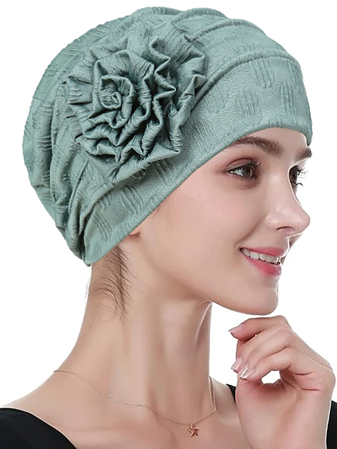 Fashionable Women\'s Solid Color Hijab Muslim Ladies Turban Bonnet Flower Decor Ramadan Head Wrap Head Scarf Indian Hats