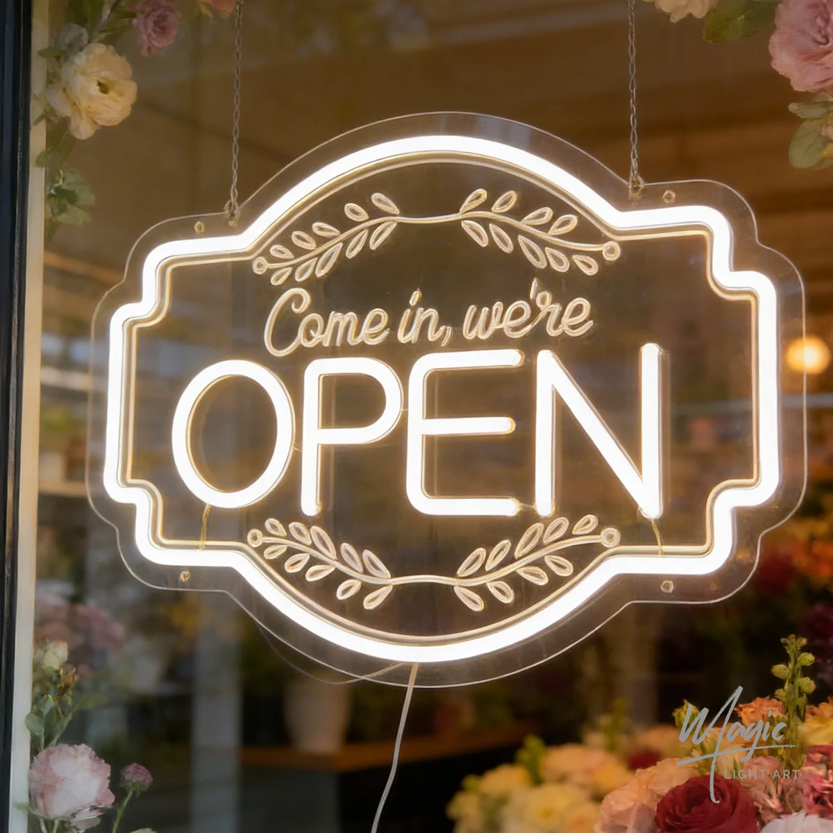 ネオンオープンサイン、ビジネス用led「come-in-we're-open」サイン、店舗の窓ガラスドア、ショップ、店舗、バー、サロン、カフェ用