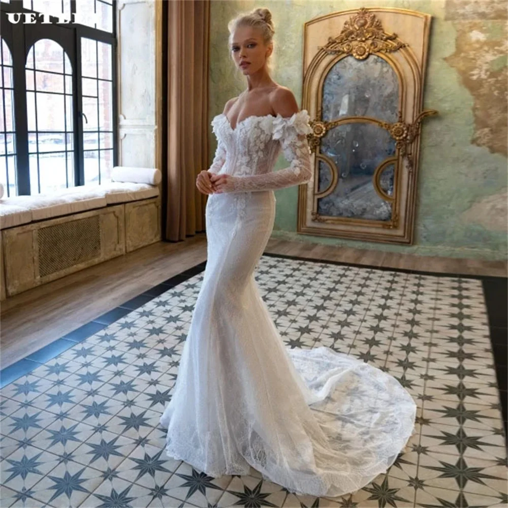

UETEEY Customized Off Shoulder Lace Appliques Mermaid Wedding Dress For Women Elegant Lace Up Back Court Train Bridal Gown