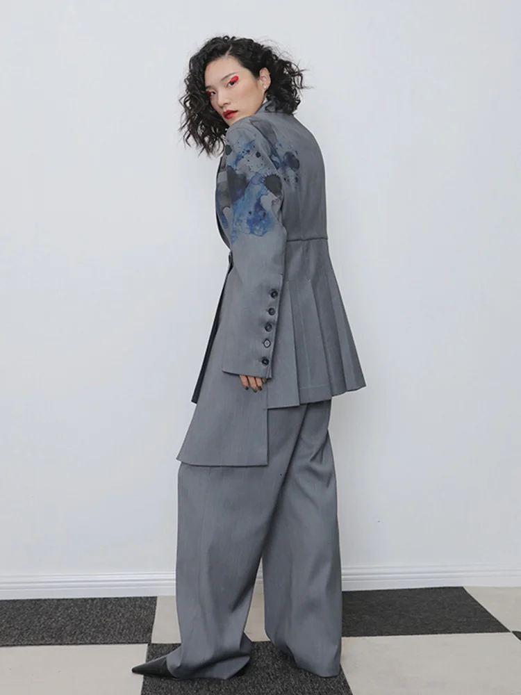 EAM-Blazer plissé à manches longues pour femmes, motif gris, veste Aadt Fit, revers, mode printemps automne, nouveau, 1N119, 2024