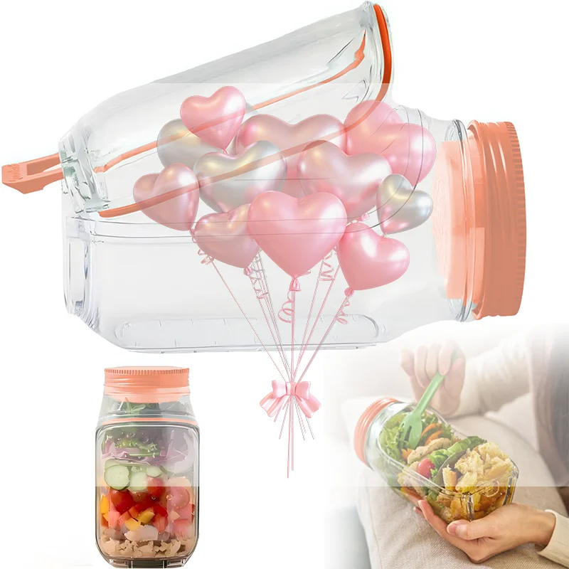 Salad Jar,Mason Jar Salad Container With Side Opening, Dressing Bowl, Sauce Compartments, Microwave-Safe, Freezer And Dishwasher