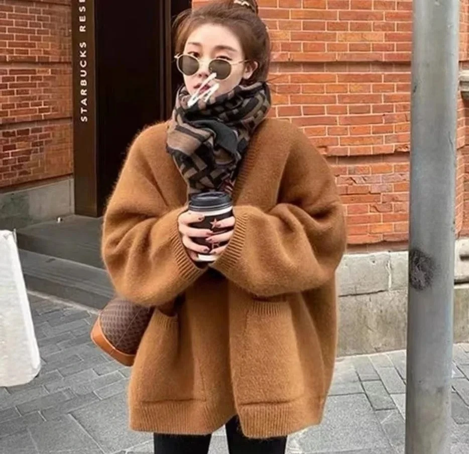 

Cardigan women sweater new fashion pocket v neck solid color loose warm cardigan women's sweater clothing