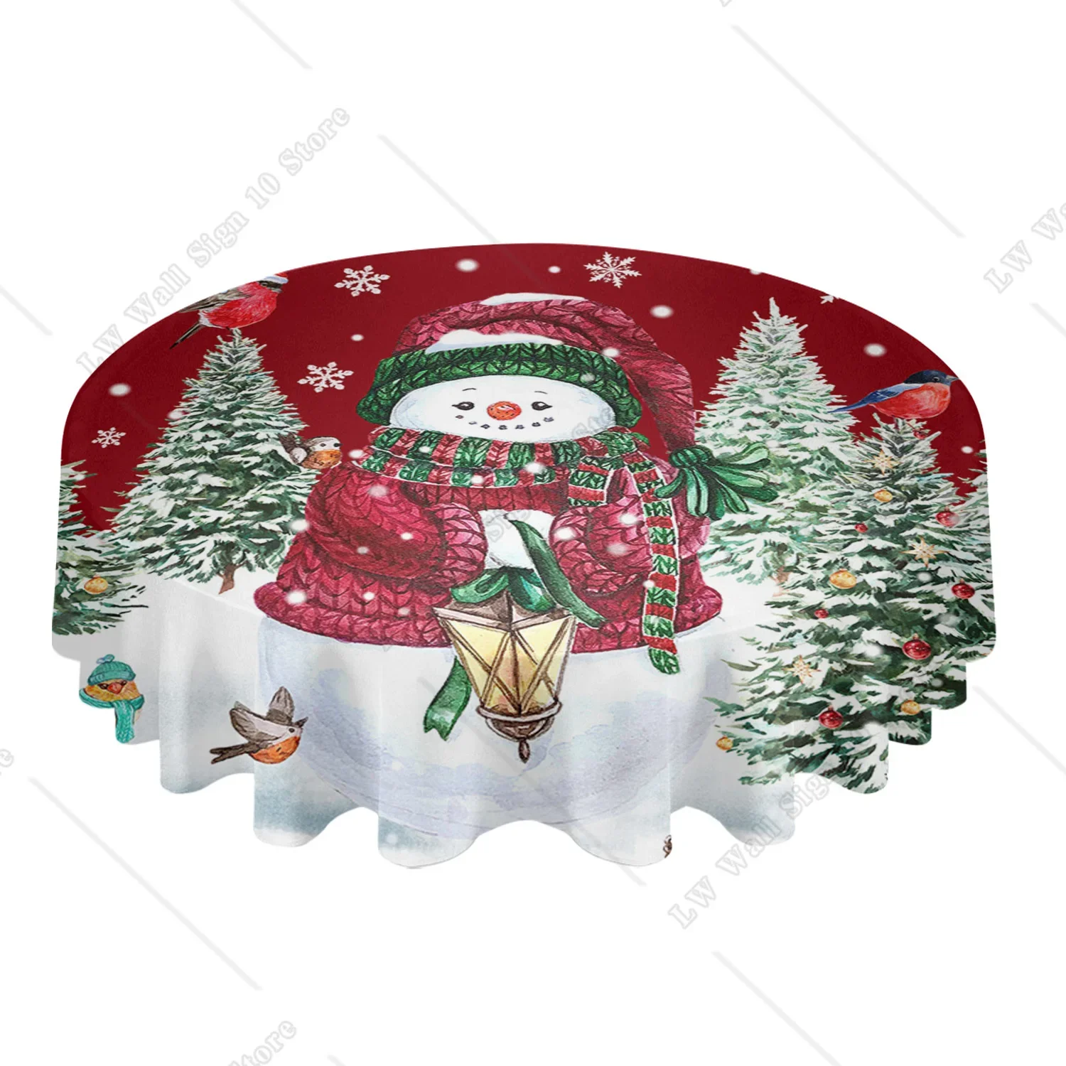 Christmas Tree Snowman Robin Berry Round Tablecloth Waterproof Wedding Party Table Cover Christmas Dining Table Tablecloth