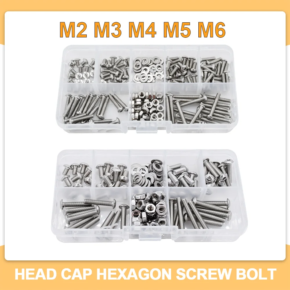 M2 M3 M4 M5 M6 304 Stainless Steel Hex Button Socket Head Cap Screw Hexagon Thread Machine Metric Nut Bolt Assortment Kit Set