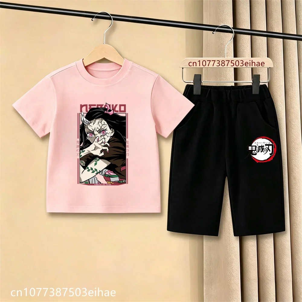 2026 Little Kids Demon Slayer Kimetsu No Yaiba Print Tee Casual Shorts Ghost Blade Design Summer Wear Anime Cartoon Outfit Set