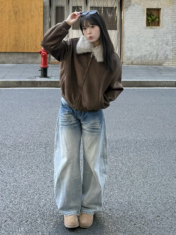 

Американские ретро-джинсы для женщин: осенне-зимние, с низкой посадкой, свободные, прямые, широкие, в пол, модель «Серп»