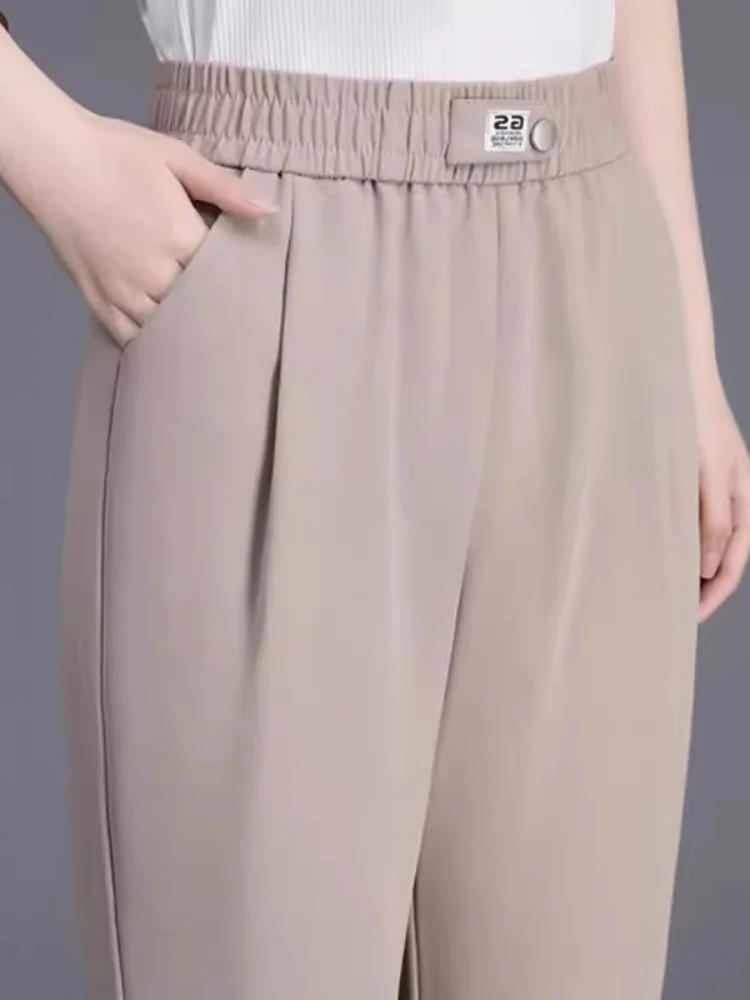 

Летние тонкие брюки из ледяного шелка, укороченные, повседневные, свободного кроя, модные, с высокой талией, для женщин среднего возраста