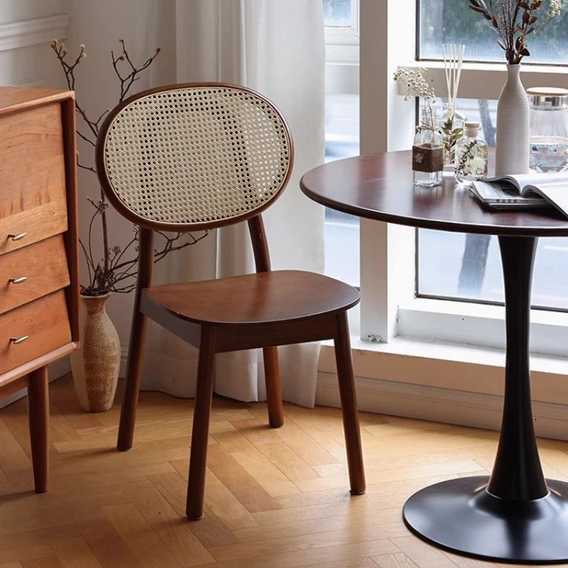 Middle Ancient Style Backrest Dining Chair,Solid Wood Rattan Chair,French Makeup Stool,Vintage Homestay Restaurant Rattan Chair