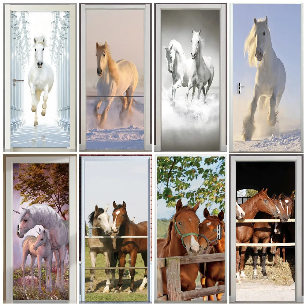 Horse Door Sticker Door cover Self-adhesive Wallpaper Kitchen Wall poster Deer Home Decoration Mural pvc