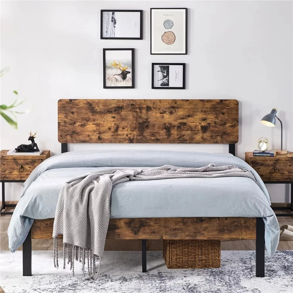 

Queen Size Bed Frame, Metal Slats with Wood Headboard, Easy Assembly Platform, Queen Size Bed Frame