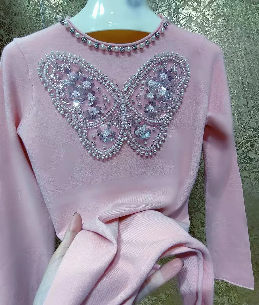 Luxury Style Bling Sparkle Beading Sequined Butterfly Stitch Knitted Pullover For Women's Sweet Chic Pink Sweaters