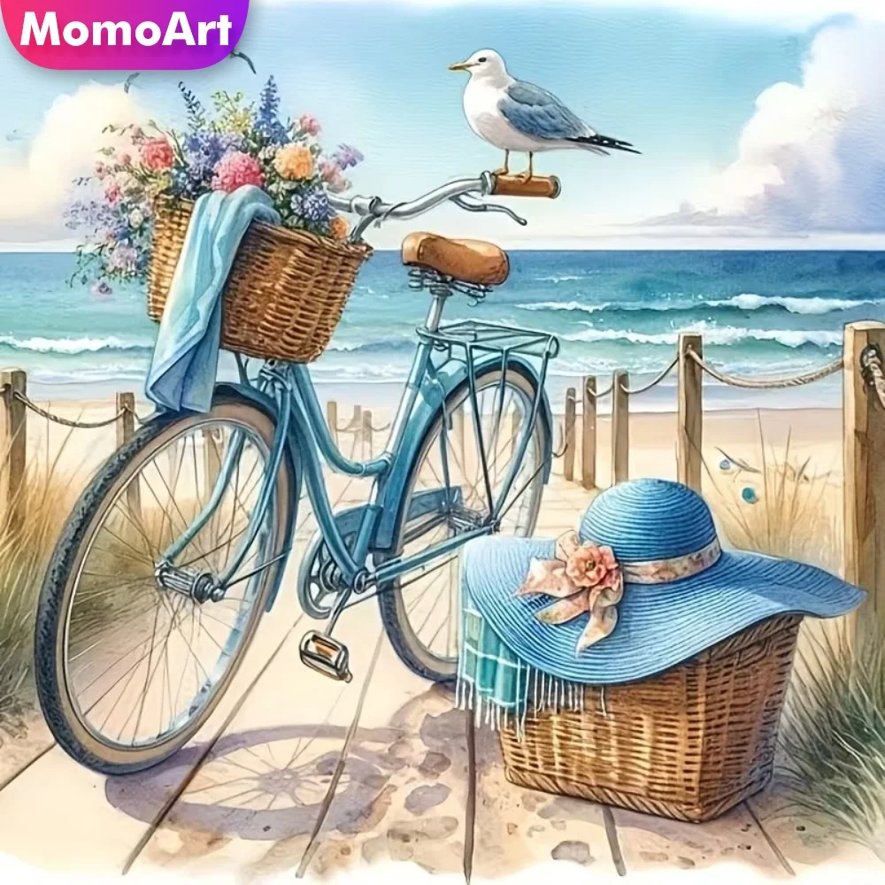 Momoart New Arrival Diamond Embroidery Bicycle Mosaic Hat DIY Painting Seaside Landscape Suitable for Beginners Unique Gift