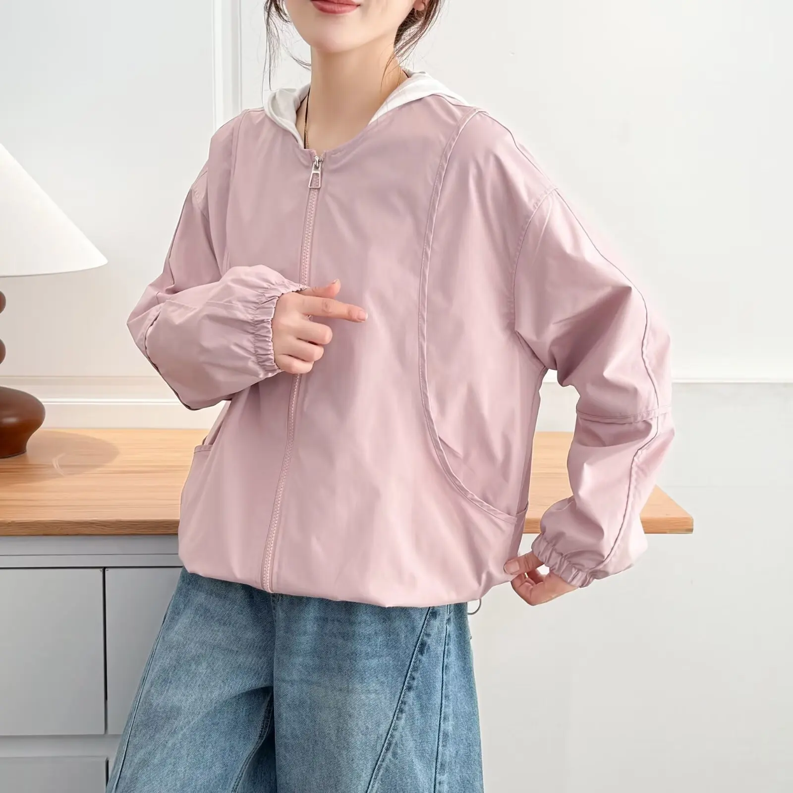 XXXXL موضة حجم كبير سترة نسائية بسحاب فضفاضة بدون ياقة معطف مرقع ملابس خارجية غير رسمية 309