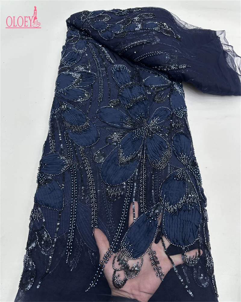 OLOEY Luxury Beaded Lace Fabric for Bridal Wedding Dress High Quality 5 Yards French Net Sequined African Sequined