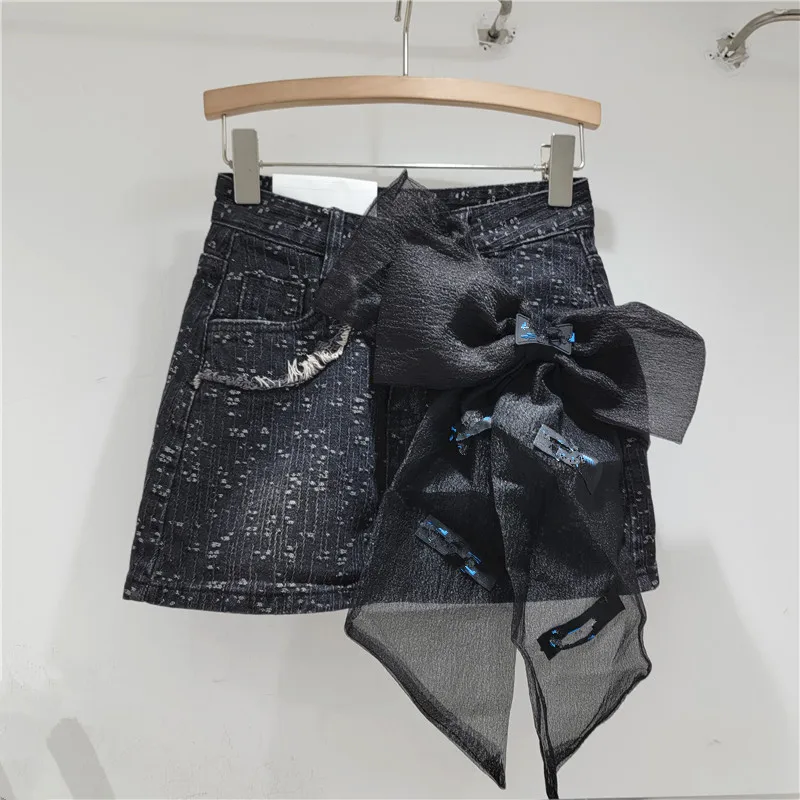 Woman Sexy Big Bow Short Jean Skirt for Women 2024 Summer New Streetwear High Waist Anti-Exposure A- Line Hip Wrap Denim Skirts