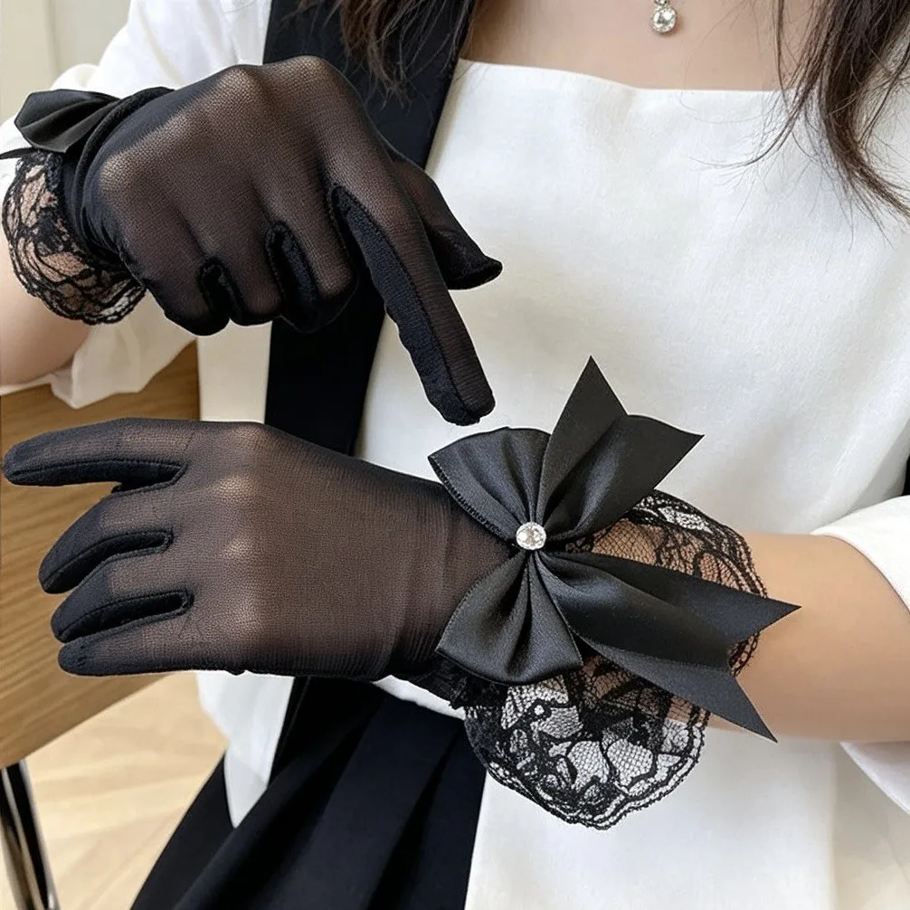 Gloves Women Short Mesh Lace Bow Rhinestone Sun Protection Bridal Wedding Party Photo Shoot Accessory Lightweight Color Choice