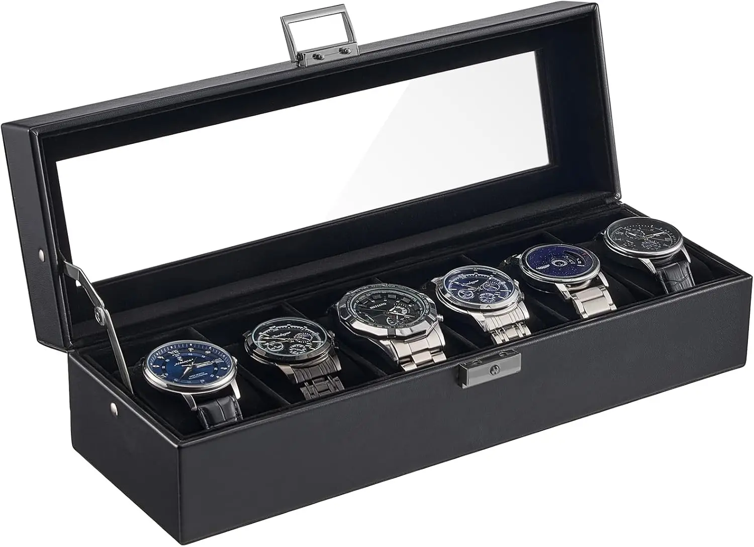 

6-Slot Black Watch Case Box with Lockable Glass Lid & Soft Pillow - PU Leather Organizer
