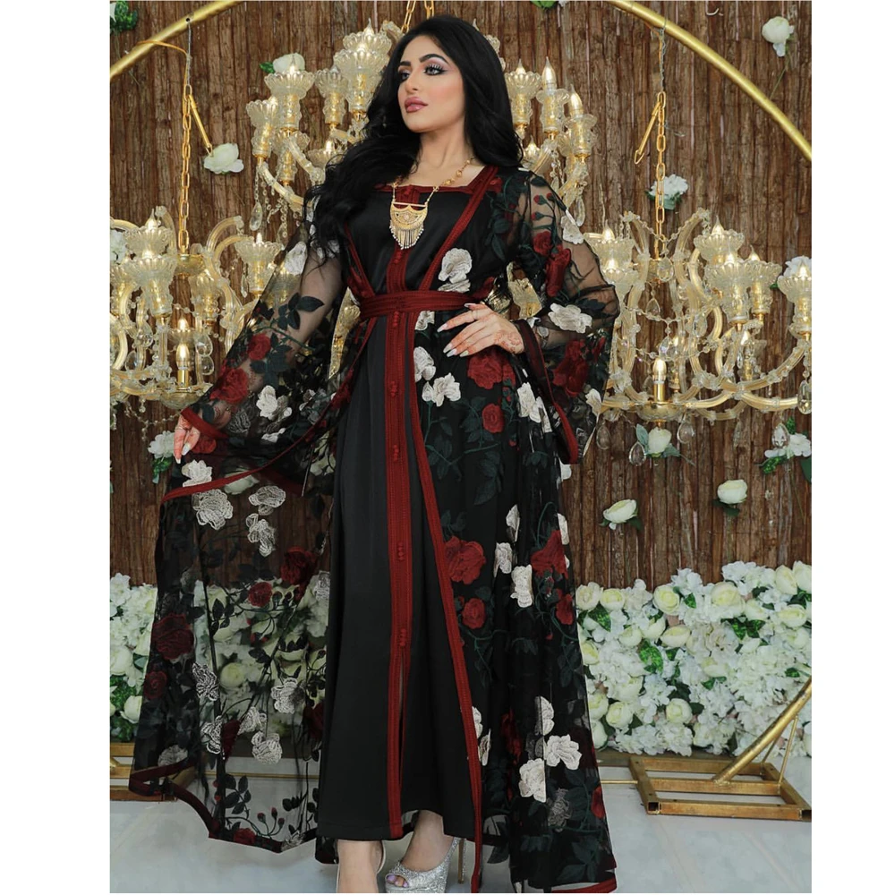 Dubai Women Floral Embroidery Abaya Muslim Kimono Inner Dress Set 2 Piece Kaftan Party Evening Gown Arab Morocco Robe Islamic