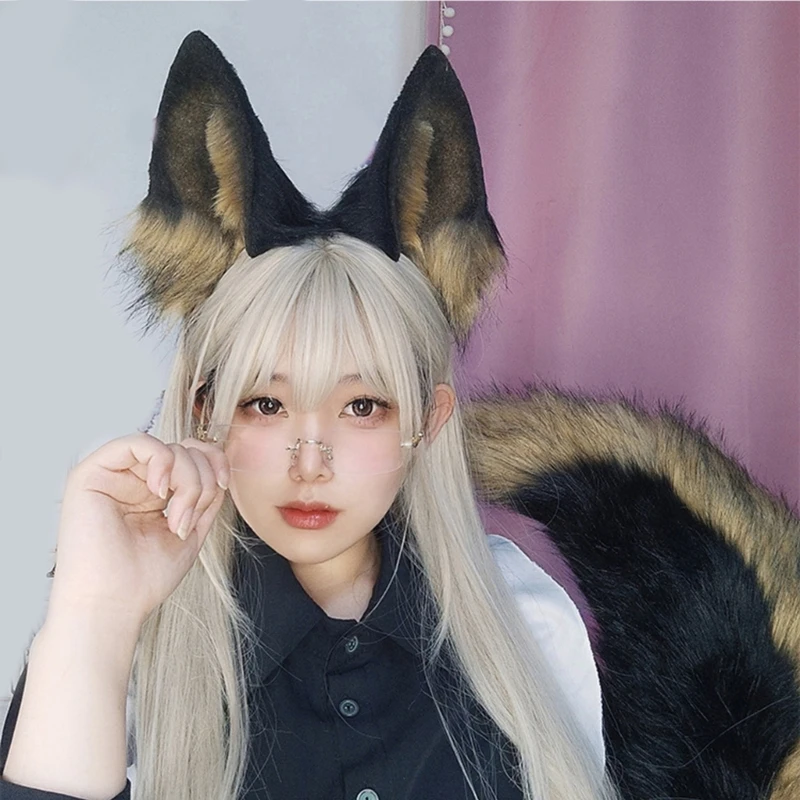 Handmade Plush Cats Ears Headbands Fauxs Furs Tail for Halloween Cosplay Party Costumes Accessories for Kids Adult 6XDA