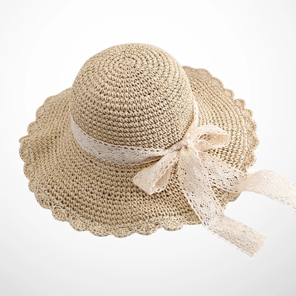 البيج مقوس دانتيل القش واسعة حافة الشمس حماية قبعة قابلة للطي الصيف قبعة للشاطئ حجم M 56-58 سنتيمتر المشي لمسافات طويلة التخييم في الهواء الطلق