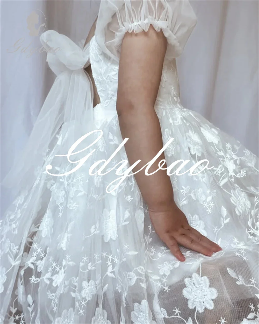 White Lace Applique Flower Girl Dress for Wedding Short Sleeves with Bows Toddler Infant Baptism First Communion Gowns Custom