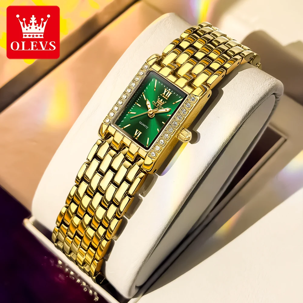 OLEVS 3700 Luxury Quartz Movement Watch For Women Sunburst Square Dial Cogwheel Crown Stainless Steel Bracelet Waterproof Watch
