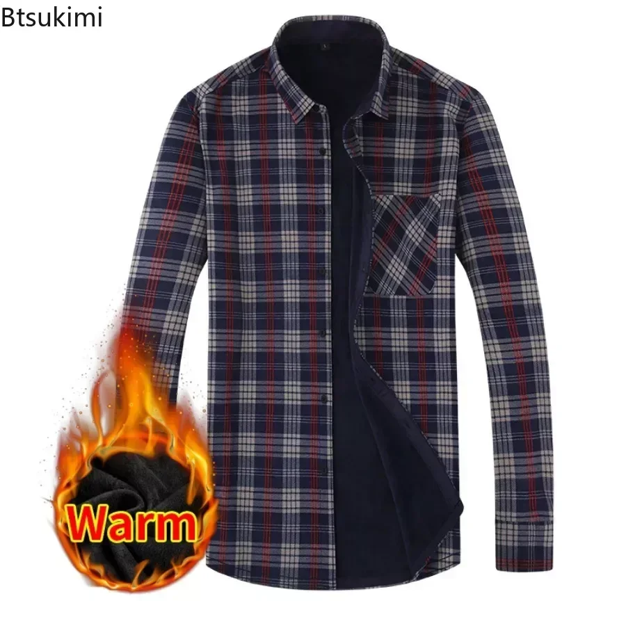 2025 Men's Winter Warm Long Sleeve Plaid Shirts Pocket Design Thicker Fleece Casual Shirts Male Club Party Shirts for Men Tops