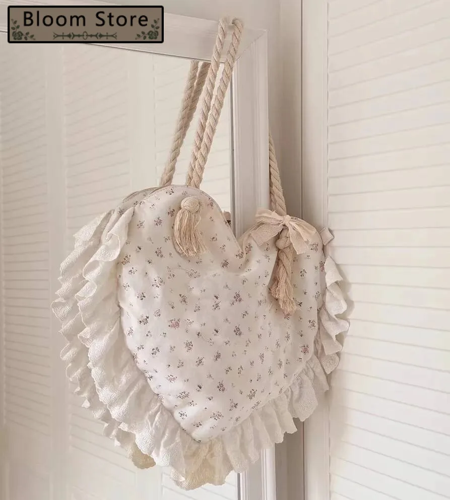

Bloom Fairycore Floarl Shoulder Bags Purse Women Sweet Cute Lace Heart Large Capacity Handbag Ladies Vacation Shipping Bag Y2k