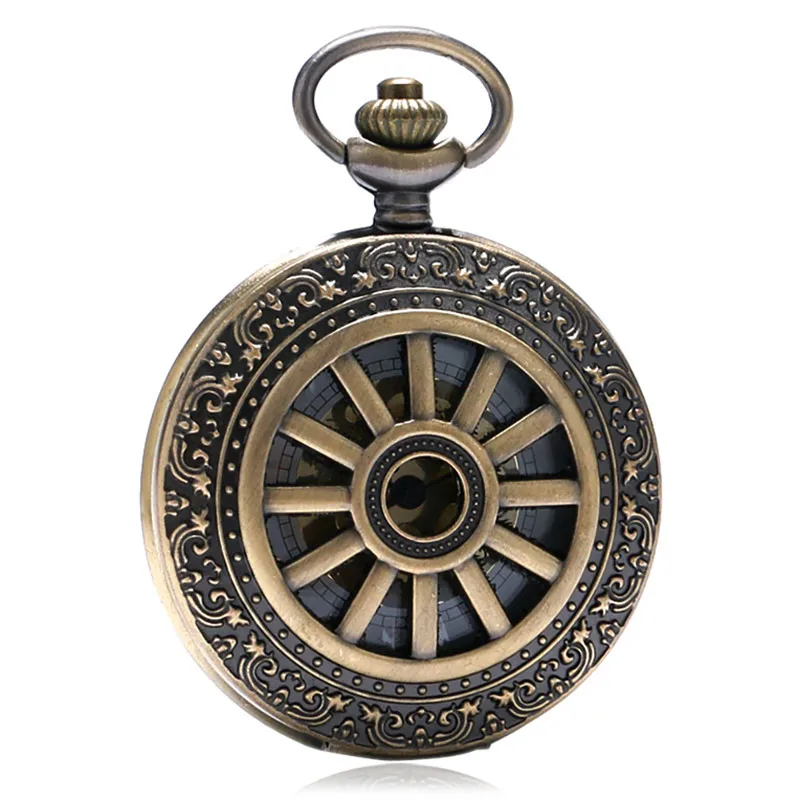 Old Fashion Hollow Out Wheel Cover Unisex Quartz Analog Pocket Watch Necklace Pendant Chain Arabic Numeral Display Clock Gift