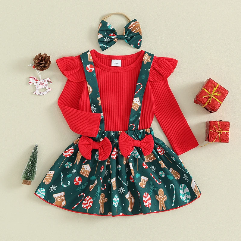 

0-12M Baby Girl 3 Piece Set Christmas Long Sleeve Pit Striped Jumpsuit and Printed Suspender Cute Headband Autumn Clothes