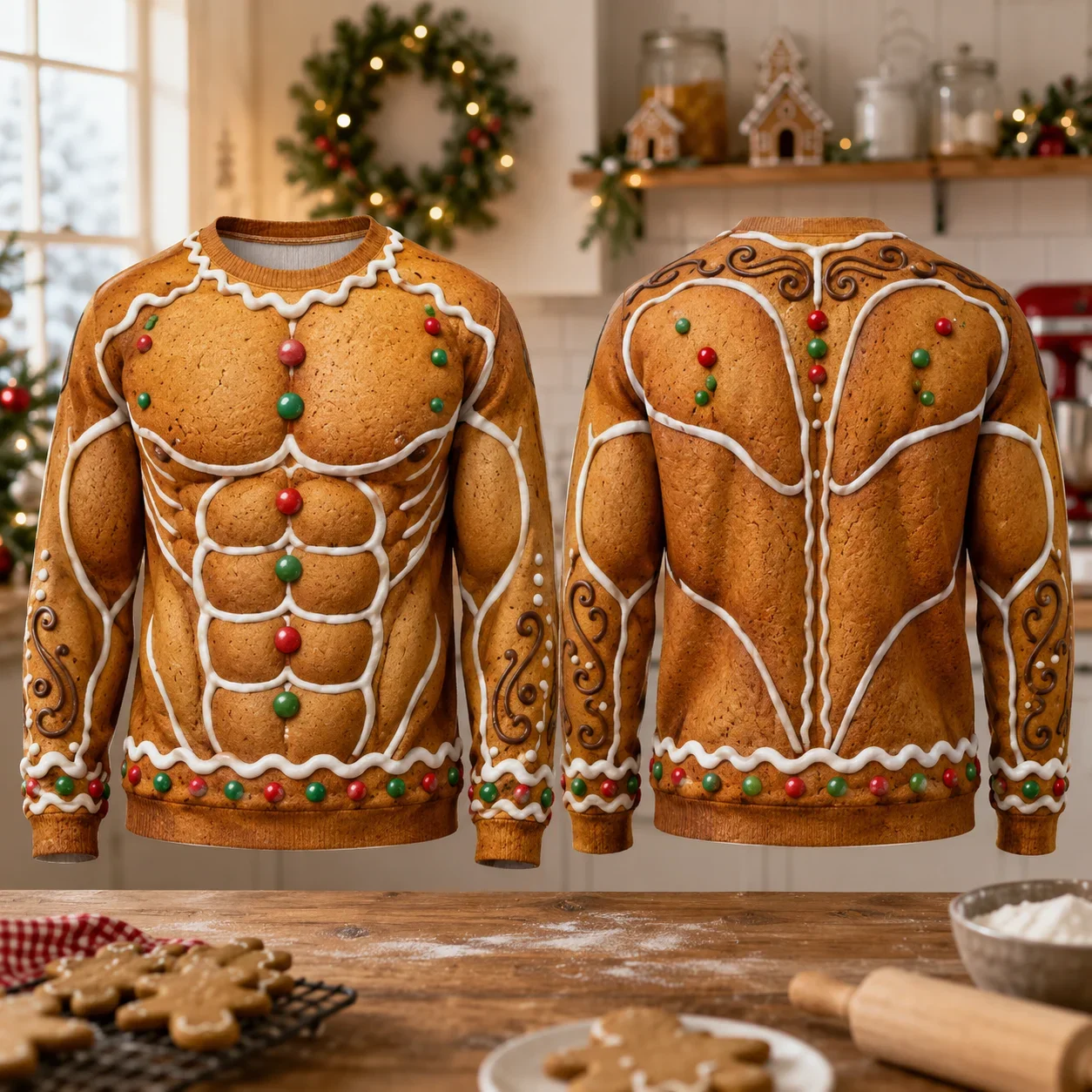 Ugly Christmas Tshirt Funny Gingerbread Muscle Crewneck Sweatshirt Polyester 3D Print Holiday Fitness Pullover Gift Men Clothing