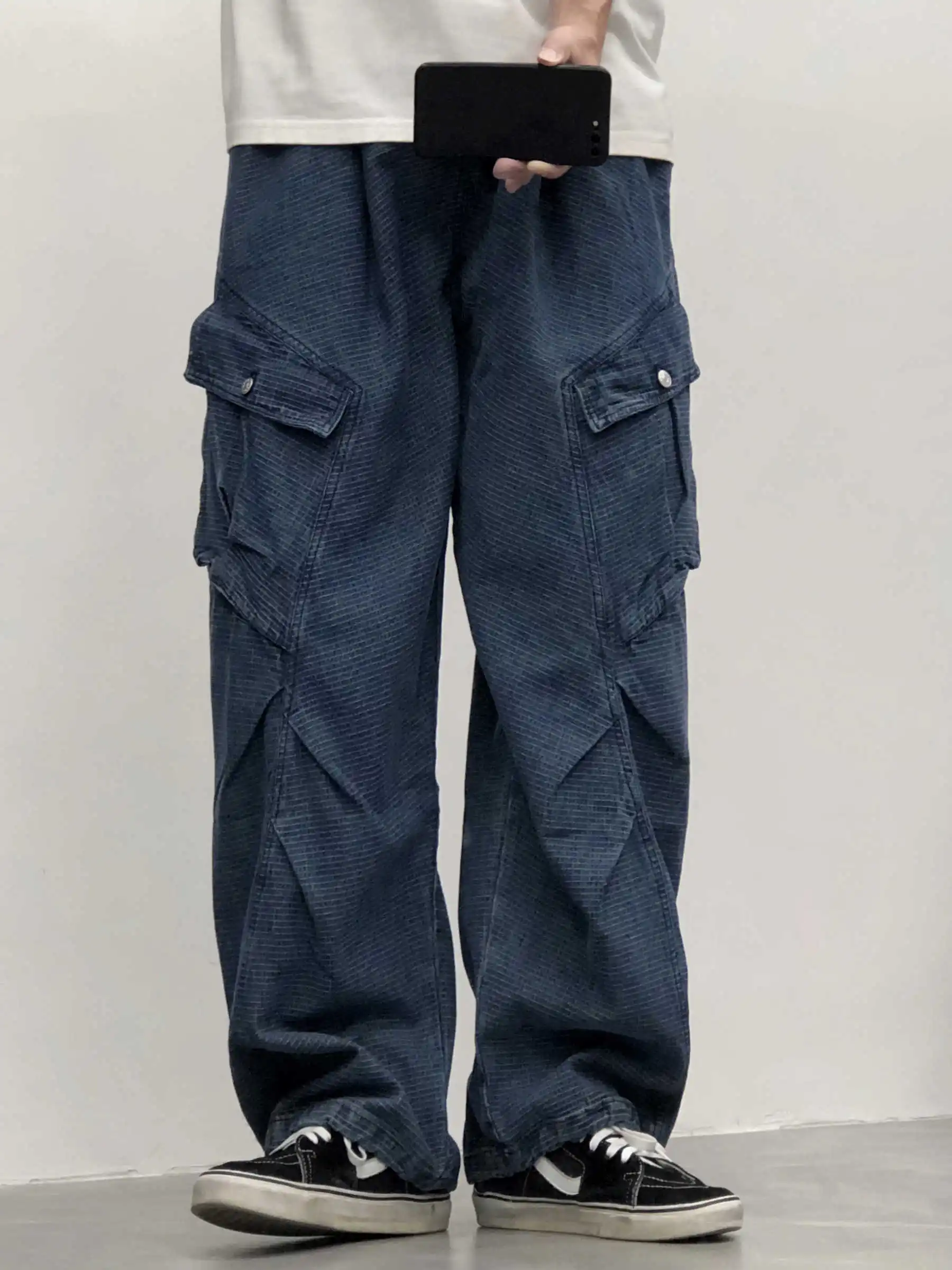 Japanese Retro Loose Fit Cargo Jeans Unisex Wide Leg Multi Pocket Check Denim Straight Trousers Streetwear Casual Pants Men