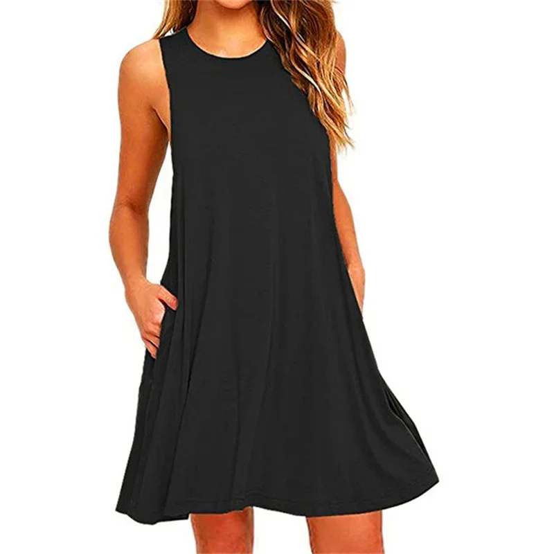 Mini vestido sem mangas Linha A feminino, vestido casual feminino, O-Neck, Clube, Praia, Solto, Verão