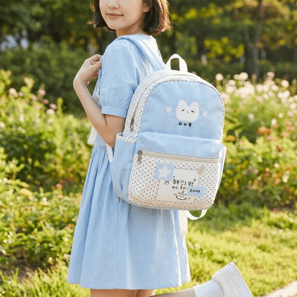 Nylon Polka Dot Patchwork Backpack Large Capacity Lightweight Cat Print Daypack Multi Pocket Polyester Lining School Bag Teen
