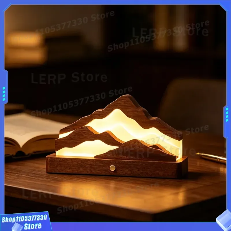 Zen Chinese Landscape Solid Wood Table Lamp Cascading Mountain Atmosphere Light for Bedroom Bedside Tea Room Art Night Light