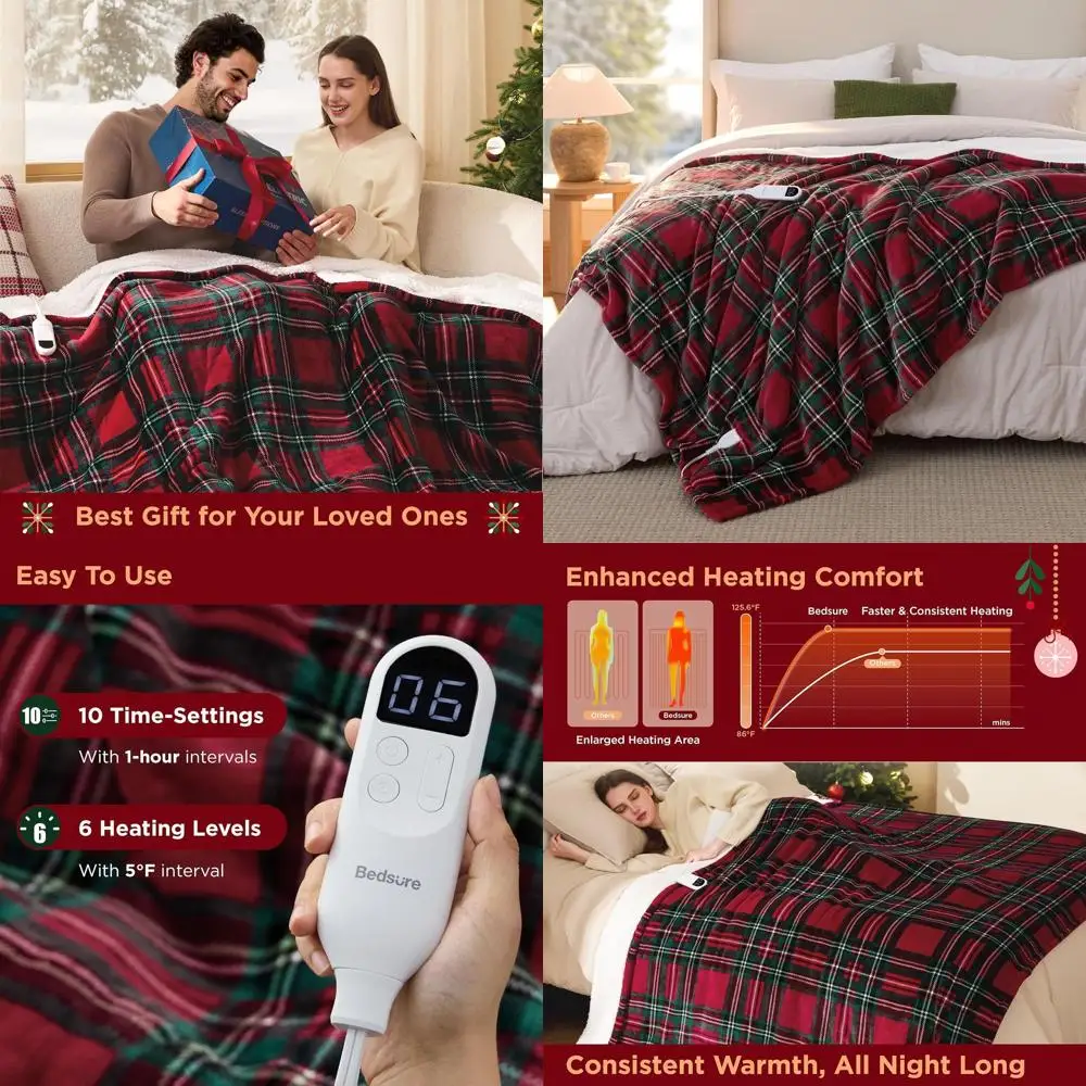 

Фланелевое двойное электрическое одеяло из шерпа с 6 уровнями нагрева, 10 таймеров, автоматическое выключение на 8 часов, идеально подходит для бабушки (красный, 62x84)