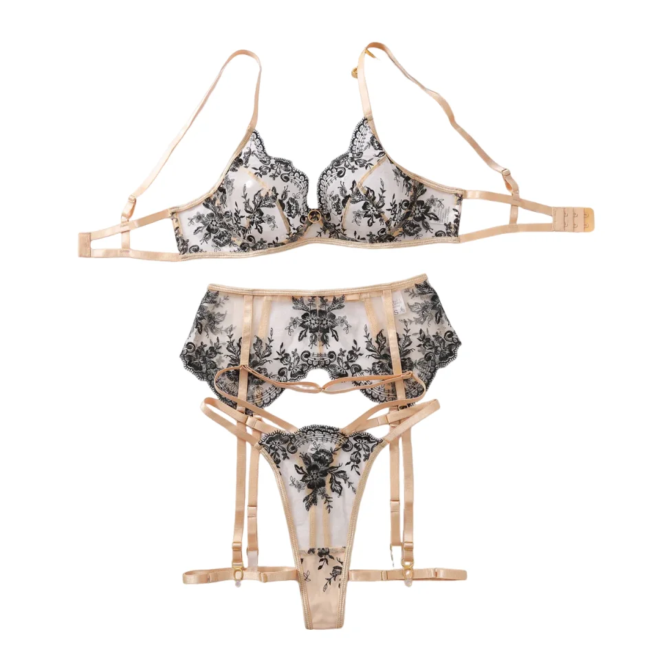 Bra + Panties + Garter +Thigh Circumference, Ultrathin Transparent Women Sexy Underwear Lace Embroidery Push Up Lingerie KUCLUT