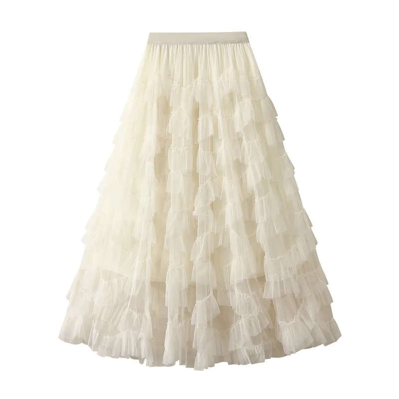 New In 2025 Spring Summer Solid Color Mesh Cake Midi Long Skirt Women A-line Sweet Elegant Beautiful Casual Dance Tutu Skirts